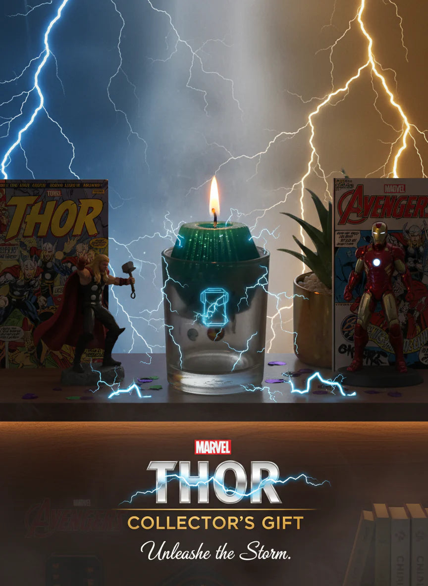 Thor-themed candle with lightning effects 