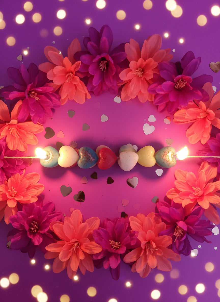 Beautiful heart row of candles on a purple background 