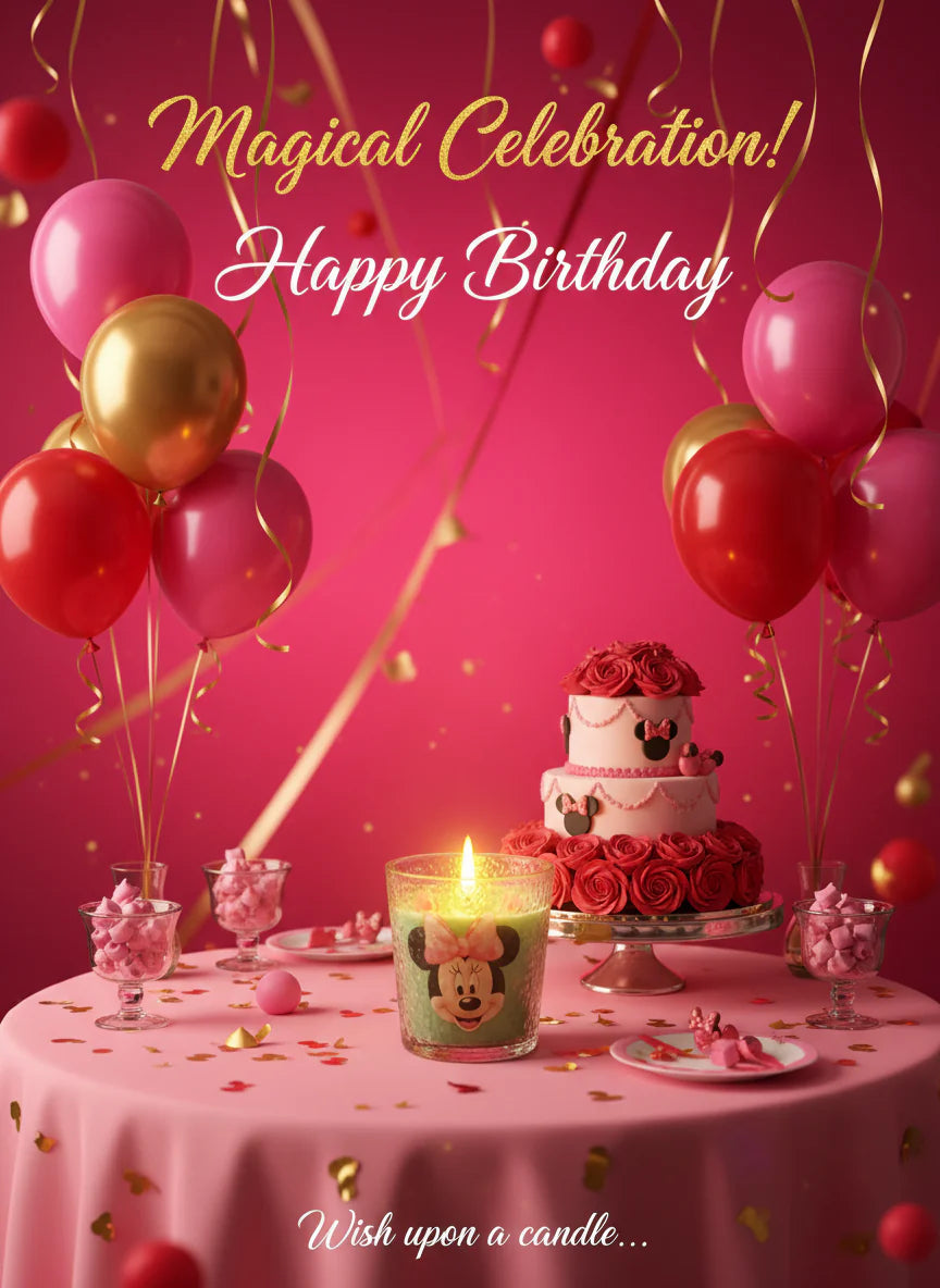 Birthday celebration scene with cake, balloons, and minnie mouse candle on a pink tablecloth.