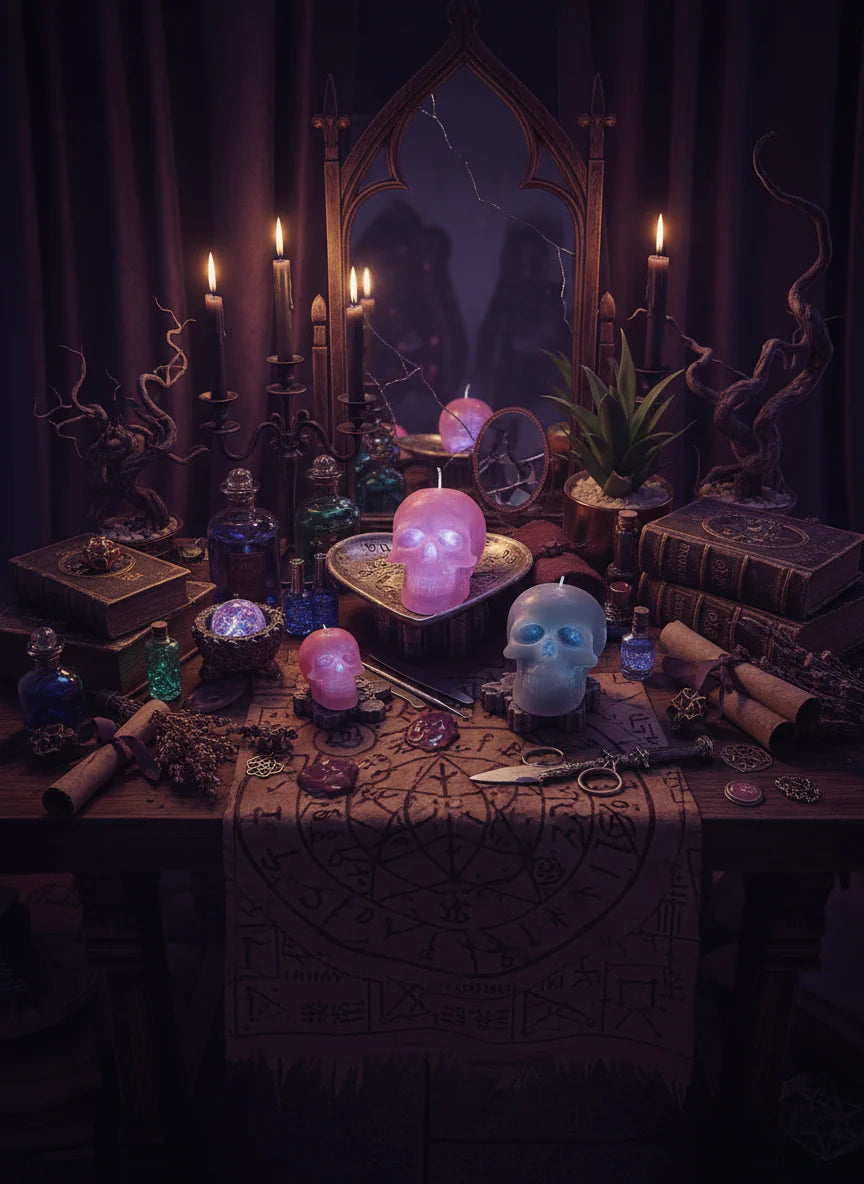 Dark, mystical setting with candles, books, and a crystal ball on a table.